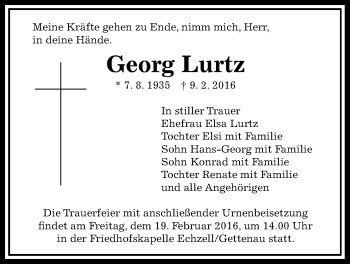 Traueranzeige von Georg Lurtz von Wetterauer Zeitung, Wetterauer Zeitung