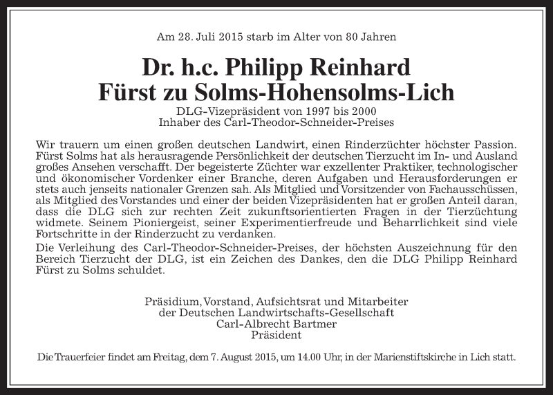  Traueranzeige für Philipp Reinhard Fürst zu Solms-Hohensolms-Lich vom 05.08.2015 aus Gießener Allgemeine, Alsfelder Allgemeine