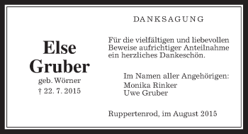 Traueranzeige von Else Gruber von Gießener Allgemeine, Alsfelder Allgemeine