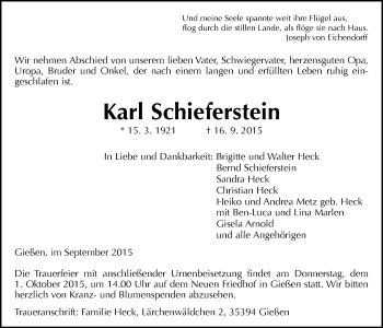 Traueranzeige von Karl Schieferstein von Gießener Allgemeine, Alsfelder Allgemeine