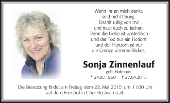 Traueranzeige von Sonja Zinnenlauf von Wetterauer Zeitung, Wetterauer Zeitung