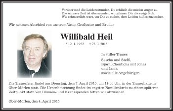 Traueranzeige von Willibald Heil von Wetterauer Zeitung, Wetterauer Zeitung