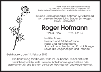 Traueranzeige von Roger Hofmann von Gießener Allgemeine, Alsfelder Allgemeine