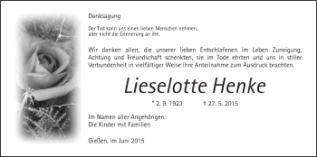Traueranzeige von Lieselotte Henke von Gießener Allgemeine, Alsfelder Allgemeine