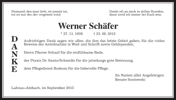 Traueranzeige von Werner Schäfer von Gießener Allgemeine, Alsfelder Allgemeine