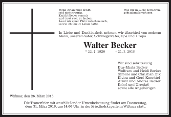 Traueranzeige von Walter Becker von Gießener Allgemeine, Alsfelder Allgemeine
