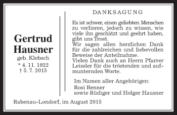 Traueranzeige von Gertrud Hausner von Rabenauer Zeitung