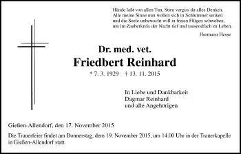 Traueranzeige von Friedbert Reinhard von Gießener Allgemeine, Alsfelder Allgemeine