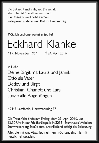 Traueranzeige von Eckhard Klanke von Wetterauer Zeitung, Wetterauer Zeitung
