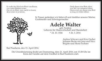 Traueranzeige von Adele Walter von Wetterauer Zeitung, Wetterauer Zeitung