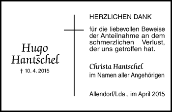 Traueranzeige von Hugo Hantschel von Gießener Allgemeine, Alsfelder Allgemeine