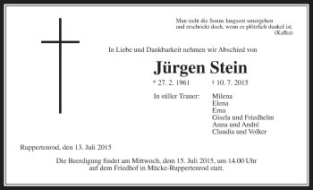 Traueranzeige von Jürgen Stein von Gießener Allgemeine, Alsfelder Allgemeine