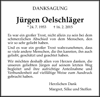 Traueranzeige von Jürgen Oelschläger von Gießener Allgemeine, Alsfelder Allgemeine