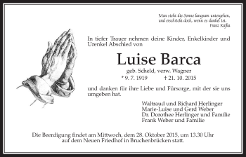 Traueranzeige von Luise Barca von Wetterauer Zeitung, Wetterauer Zeitung