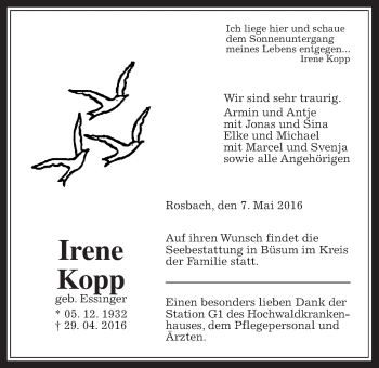 Traueranzeige von Irene Kopp von Wetterauer Zeitung, Wetterauer Zeitung