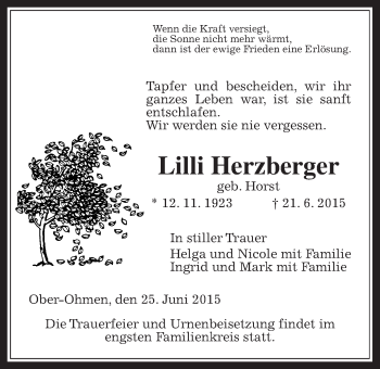 Traueranzeige von Lilli Herzberger von Mücker Stimme
