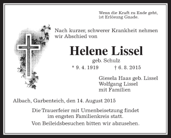 Traueranzeige von Helene Lissel von Gießener Allgemeine, Alsfelder Allgemeine