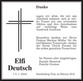 Traueranzeige von Elfi Deutsch von Gießener Allgemeine, Alsfelder Allgemeine