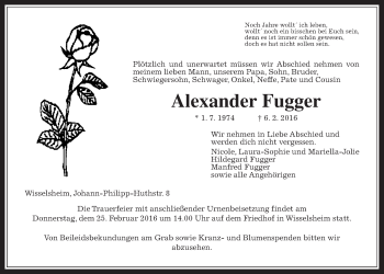 Traueranzeige von Alexander Fugger von Wetterauer Zeitung, Wetterauer Zeitung