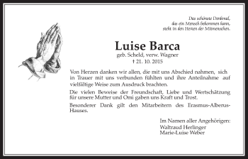 Traueranzeige von Luise Barca von Wetterauer Zeitung, Wetterauer Zeitung