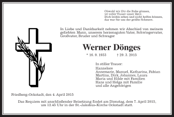 Traueranzeige von Werner Dönges von Wetterauer Zeitung, Wetterauer Zeitung