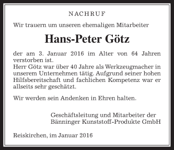 Traueranzeige von Hans-Peter Götz von Alsfelder Allgemeine