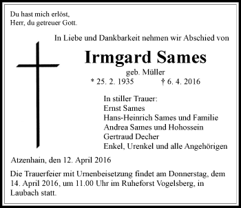 Traueranzeige von Irmgard Sames von Alsfelder Allgemeine