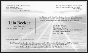 Traueranzeige von Lilo Becker von Wetterauer Zeitung, Wetterauer Zeitung