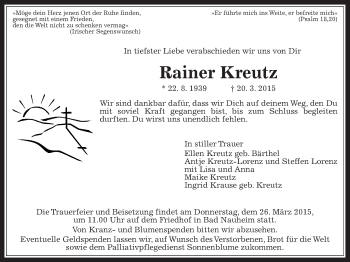 Traueranzeige von Rainer Kreutz von Wetterauer Zeitung, Wetterauer Zeitung