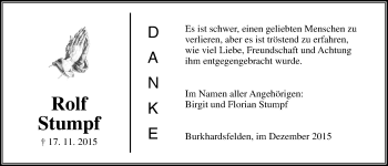 Traueranzeige von Rolf Stumpf von Gießener Allgemeine, Alsfelder Allgemeine