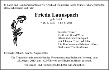Traueranzeige von Frieda Launspach von Gießener Allgemeine, Alsfelder Allgemeine