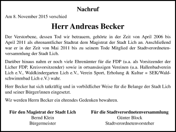Traueranzeige von Andreas Becker von Licher Wochenblatt, Licher Wochenblatt, Licher Wochenblatt