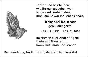 Traueranzeige von Irmgard Reuther von Licher Wochenblatt, Licher Wochenblatt, Licher Wochenblatt