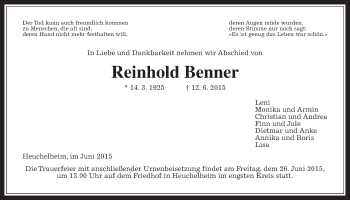 Traueranzeige von Reinhold Benner von Gießener Allgemeine, Alsfelder Allgemeine