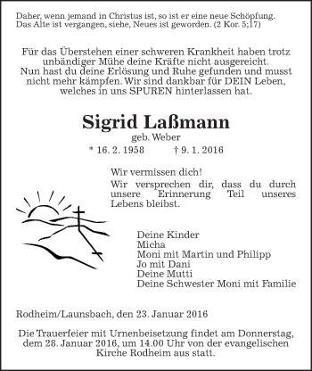 Traueranzeige von Sigrid Laßmann von Gießener Allgemeine, Alsfelder Allgemeine