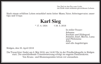 Traueranzeige von Karl Sieg von Gießener Allgemeine, Alsfelder Allgemeine