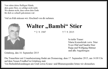 Traueranzeige von Walter Stier von Gießener Allgemeine, Alsfelder Allgemeine