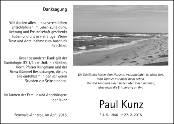 Traueranzeige von Paul Kunz von Gießener Allgemeine, Alsfelder Allgemeine