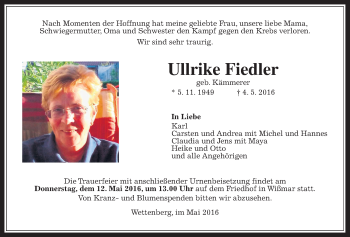 Traueranzeige von Ullrike Fiedler von Gießener Allgemeine, Alsfelder Allgemeine