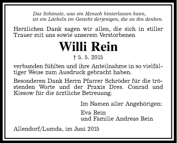 Traueranzeige von Willi Rein von Allendorfer Mitteilungen