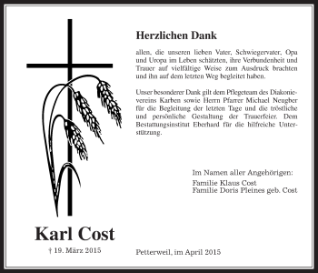 Traueranzeige von Karl Cost von Wetterauer Zeitung