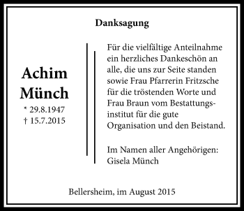 Traueranzeige von Achim Münch von Licher Wochenblatt, Licher Wochenblatt, Licher Wochenblatt