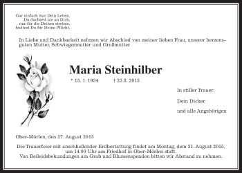 Traueranzeige von Maria Steinhilber von Wetterauer Zeitung, Wetterauer Zeitung