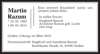 Traueranzeige von Martin Razum von Gießener Allgemeine, Alsfelder Allgemeine