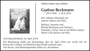 Traueranzeige von Gudrun Beckmann von Licher Wochenblatt, Licher Wochenblatt, Licher Wochenblatt