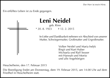 Traueranzeige von Leni Neidel von Gießener Allgemeine, Alsfelder Allgemeine