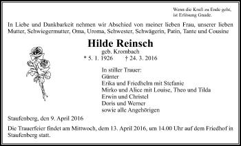 Traueranzeige von Hilde Reinsch von Gießener Allgemeine, Alsfelder Allgemeine