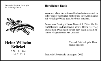 Traueranzeige von Heinz Wilhelm Brückel von Gießener Allgemeine, Alsfelder Allgemeine