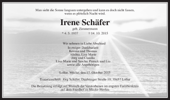 Traueranzeige von Irene Schäfer von Gießener Allgemeine, Alsfelder Allgemeine