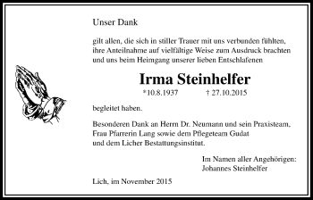 Traueranzeige von Irma Steinhelfer von Licher Wochenblatt, Licher Wochenblatt, Licher Wochenblatt